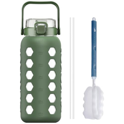Half Gallon/64 oz Glass Water Bottles with Straw and Lid,Motivational Water Jug with Time Marker Reminder and Silicone Sleeve,100% Leakproof BPA Free Fitness Sports Large Bottle-Olive