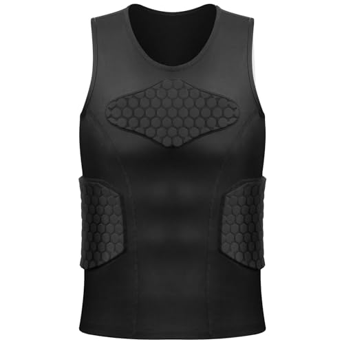 Zicac Men's Sports Shock Rash Guard Compression Padded Shirt Soccer Basketball Protective Gear Chest Rib Guards - color: Black-V, size: Large