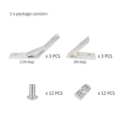3Pcs 60deg, 3Pcs 120deg 1010 Angle Bracket 1" x 1" 10 Series Aluminum Extrusion 60 Degree Joint Connector Brace for Slot 60° Corner Joiner 120deg 1020 1 Inch Extruded Aluminium Profile - style: 3 sets 60deg 120deg bracket with m6