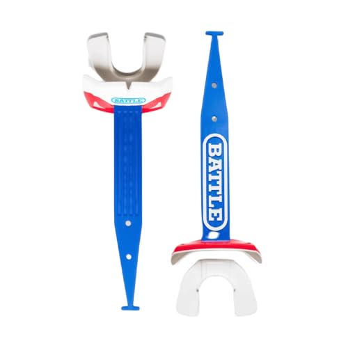 Battle Sports Speed Pro Two-Tone Mouthguard, Blue/White/Red | Braces compatible with no boiling required, Thicker connected strap resists tearing, Airflow channels boost breathability - color: Blue/White/Red