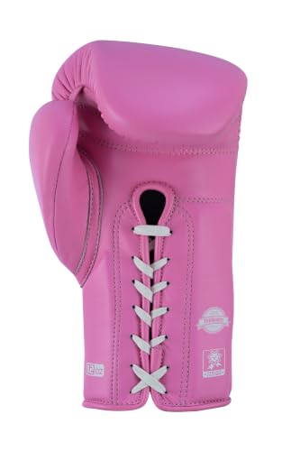 Aura 100 Full Grain Leather Lace Up Boxing Gloves for Men & Women – Professional Training, Sparring, Competition, Muay Thai, Kickboxing & Heavy Bag Gloves - color: Pink, size: 14 OZ