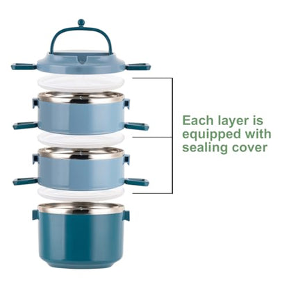 3 Tier Stackable Stainless Steel Lunch Box Sealed(blue, 3 layers) with spoon and fork - color: Blue, size: 3 layers