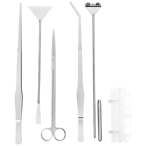 6 Pcs Stainless Steel Tools Kit, Silver Aquarium Plant Tools Set, Includes Algae Scraper, Tweezers 15 in / 38 Cm, Scissors 11.8 in / 30 Cm, Sand Spatula 12.6 in / 32 Cm, with Acrylic Holder