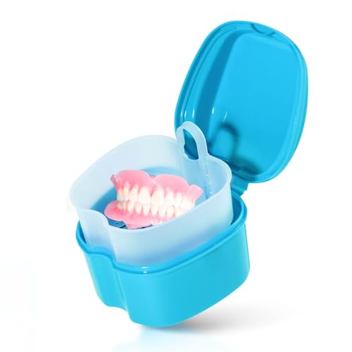 KISEER Light Blue Denture Bath Case Cup Box Holder Storage Soak Container with Strainer Basket for Travel Cleaning - color: Light Blue