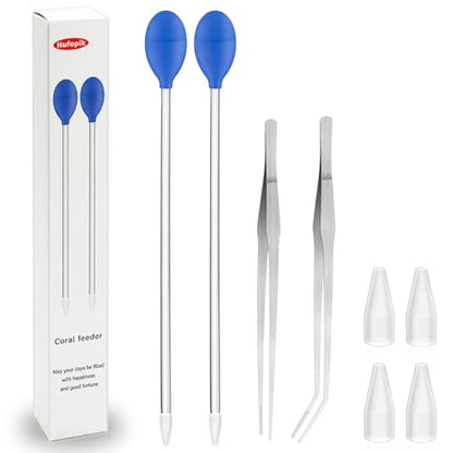 2 Pcs 18.5 in Long Pipette with 2 Pc Stainless Steel Feeding Long Tweezers for Fish Tank Coral Food Feeder Long Syringe Aquarium Coral Feeding Tube for Marine Fish Reef Aquatic Plant