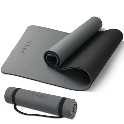PAIDU POE Yoga Mat （10mm）Extra Thick Fitness Mat 72"x24" with Carry Strap | Non-slip, tear-resistant and suitable for all ages, perfect for yoga, Pilates, home gym and full-body workouts. - color: Grey+Black.