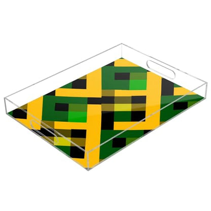 Acrylic Tray Clear Serving Vanity Ottoman Bathroom Coffee Table Countertop Organizer Raised Edge Spill Proof Jamaican Plaid Green Yellow - color: Jamaican Plaid Green Yellow