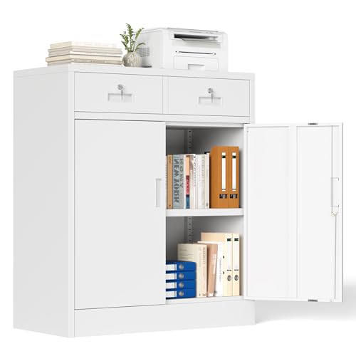 Locking Storage Cabinet, 36" H Metal Storage Cabinet, Metal Garage Storage Cabinet for Home, School, Office, Garage, White - color: White, size: 36" H-2 Drawers