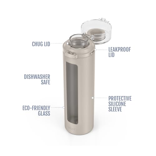 Ello Syndicate 20oz Glass Water Bottle with Flip Lid and Sleeve, Sand, 20 Ounces (Pack of 6) - color: Sand, size: 20 Ounces (Pack of 6)