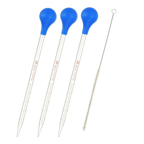 PATIKIL Graduated Dropper Pipettes Kit, 3 Pcs 2ml Borosilicate Glass Pipette with Blue Rubber Cap and Brush for Transfer Liquid for Lab, Chemistry, Clear - size: 2ml