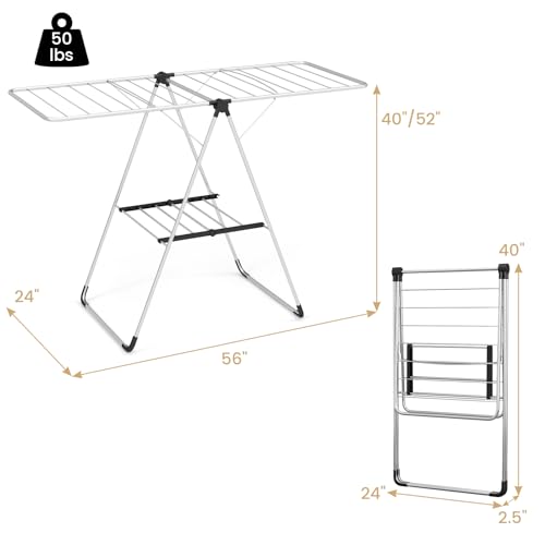 Tangkula 2-Level Collapsible Clothes Drying Rack w/Height-Adjustable Wings | Light-Weight Aluminum | Bottom Shoe Rack | No Assembly | Foldable & Space-Saving| for Laundry Room, Balcony, Patio | Silver
