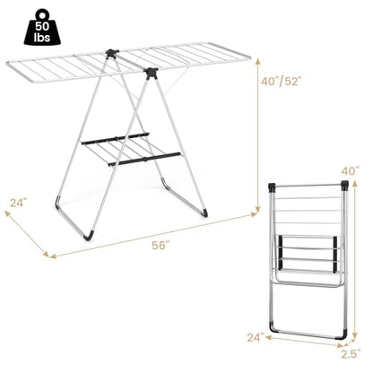 Tangkula 2-Level Collapsible Clothes Drying Rack w/Height-Adjustable Wings | Light-Weight Aluminum | Bottom Shoe Rack | No Assembly | Foldable & Space-Saving| for Laundry Room, Balcony, Patio | Silver
