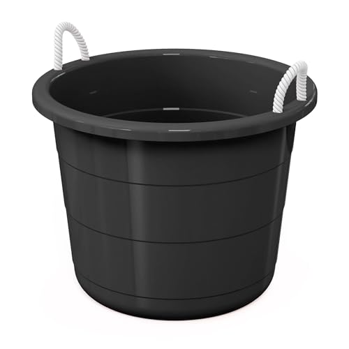 Black 17 Gallon Flexible Plastic Tub with Sturdy Rope Handles, Heavy Duty Multipurpose Utility Bucket for Outdoor Indoor Use, Collapsible Storage Container for Water, Tools, or Supplies