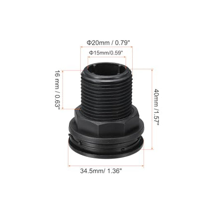PATIKIL Polypropylene Bulkhead Fitting 1/2", Bulkhead Water Tank Connector with Silicone Seal Gasket Garden Hose Fitting for Rain Bucket, Sinks, Aquariums, Black