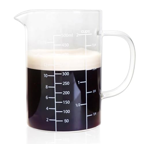 Glass Measuring Cup with Handle, 500 ML High Borosilicate Glass Three Scales (OZ, Cup, ML/CC) easuring Beaker for Kitchen or Restaurant, V-Shaped Spout Glass Measuring Beaker, Easy To Read