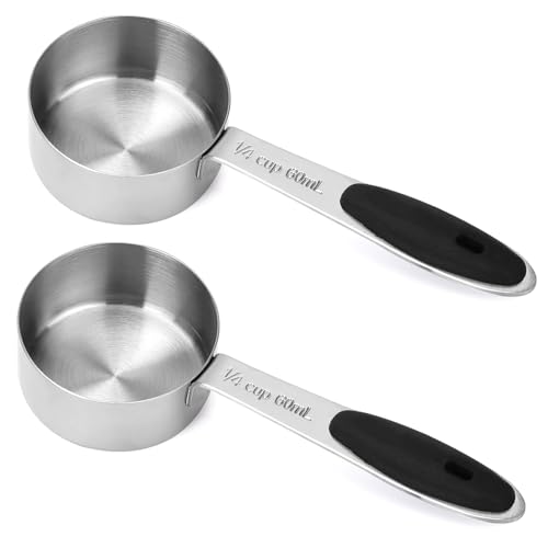 2 Pcs 1/4 Cup Measuring Cups, Stainless Steel 1/4 Cup Scoop, Coffee Measuring Scoop with Plastic Handle, 60ml Liquid Coffee Measuring Cups for Kitchen Cooking Baking Wet Dry Ingredients