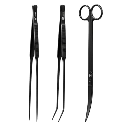 LINLAN 9.8-Inch Aquarium Aquascaping Tool Kit, Fully Rounded Edges Curved Scissors and Tweezers, Carbonized Anti-Rust, for Aquatic Plant Planting, Layering Shaping & Daily Maintenance - size: Matte Black