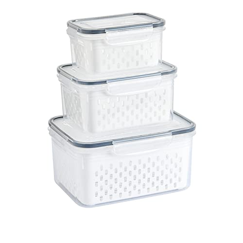 3 Pcs Drain Storage Basket Box with Removable Colander, 850ml/1750ml/3300ml Transparent Leakproof Food Storage Containers for Fruit,Vegetable, Salad, Meat, Fish