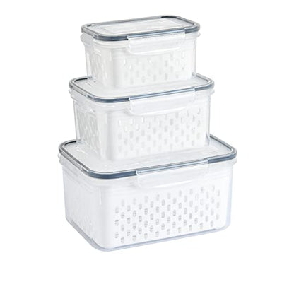 3 Pcs Drain Storage Basket Box with Removable Colander, 850ml/1750ml/3300ml Transparent Leakproof Food Storage Containers for Fruit,Vegetable, Salad, Meat, Fish