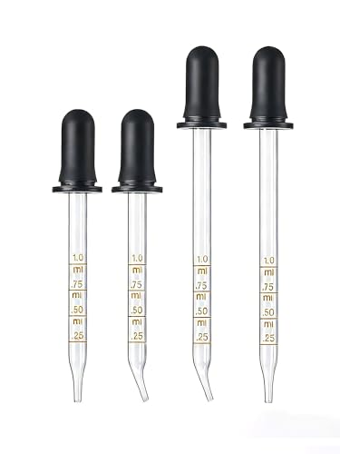 4-Pack 1mL Calibrated Glass Droppers with Measurement, Long & Short Bent & Straight Tips for Essential Oils, Lab, Feeding, Ear & Health Care