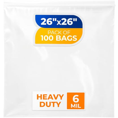 26" x 26" Reclosable Plastic Zip Bags, Pack of 100, 6 Mil Heavy-Duty Clear Poly Bags, Resealable for Food, Clothes, Hardware, Jewelry - size: 26"W x 26"H