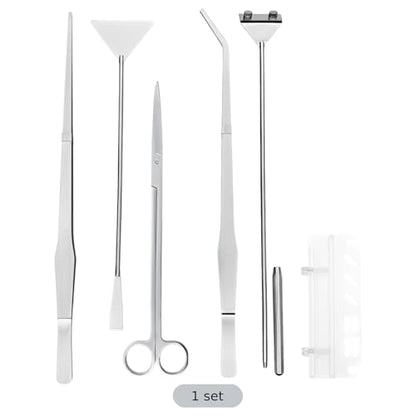 6 Pcs Stainless Steel Aquascaping Tools Kit for Aquarium Plant Care, Algae Scraper, 15 in / 38 cm Tweezers, 11.8 in / 30 cm Scissors, 12.6 in / 32 cm Sand Spatula, Acrylic Holder, Silver