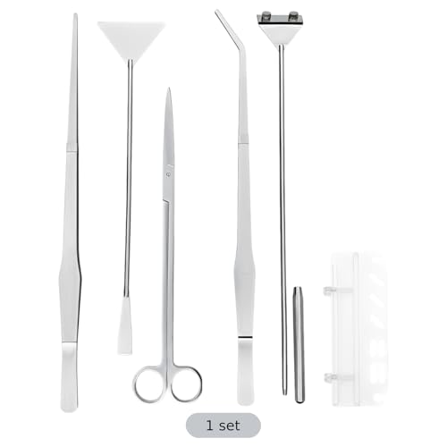 6 Pcs Stainless Steel Tools Kit, Silver Aquarium Plant Tools Set, Includes Algae Scraper, Tweezers 15 in / 38 Cm, Scissors 11.8 in / 30 Cm, Sand Spatula 12.6 in / 32 Cm, with Acrylic Holder