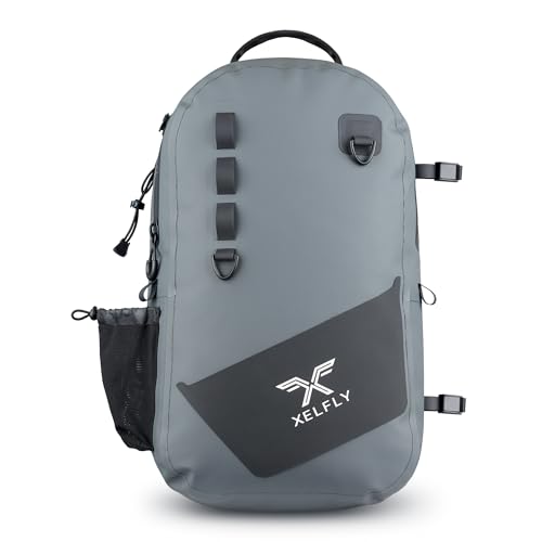 Xelfly - Waterproof Fishing Backpack with Rod Holder, Inflatable Air Valve, Padded Waist Straps & Gear Loops - Submersible Zipper, Rugged Top Handle, Adjustable Attachments (Gray) - color: Gray, size: Fishing Backpack