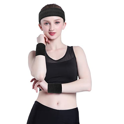 ONUPGO Sweatband Set Sports Headband Wristband Set Sweatbands Terry Cloth Wristband Wrist Sweatband Headbands Moisture Wicking Sweat Absorbing Head Band - color: Black