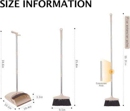 Broom and Dustpan Set with Long Handle, Light Weight Stainless Steel Poles Stand Upright Dustpans with Broom Combo for Home Kitchen Office Pet Dog Hair, Brown & Beige Color, 1-Pack - color: Beige