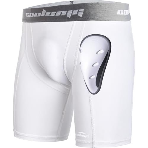 COOLOMG Mens Compression Shorts with Cup Baseball Football - color: White, size: X-Large