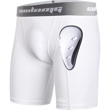COOLOMG Mens Compression Shorts with Cup Baseball Football - color: White, size: Small