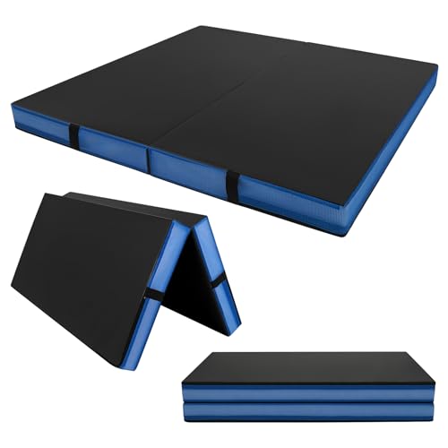 GYMAX 4' x 4' Folding Gymnastics Mat, 4" Thick Bi-Fold Exercise Tumbling Mat w/Carrying Handles, PU Leather Cover, Home Gym Mat for Aerobics Workout, Yoga, Stretching - color: Black