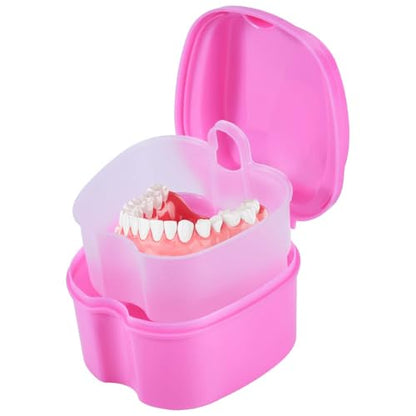KISEER Pink Denture Bath Case Cup Box Holder Storage Soak Container with Strainer Basket for Travel Cleaning - color: Pink