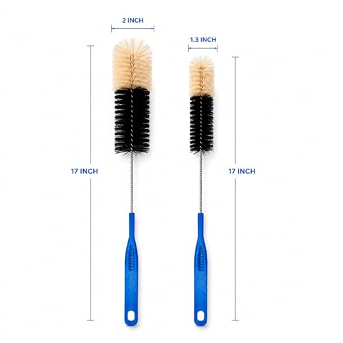 2 Pack 17 Inch Long Handle Bottle Brush, Narrow Neck Bottle Cleaner Brush with 2 Inch & 1.3 Inch Soft Nylon Bristles, for Water Bottles, Soda Bottles, Home Brewing, Kombucha, Spice Jars