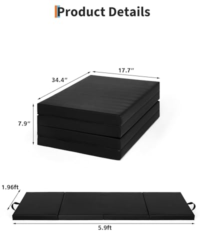 Garvee Gymnastics Mat, 6.2Ft 2-Inch Thick 4-Fold | Exercise Floor Mat for Home Gym, Portable Yoga Mat for Pilates, Aerobics, Martial Arts & Training - size: 6x2ftx2"-black