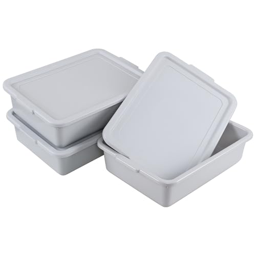 13 Liter Plastic Bus Tubs with Lids, Commercial Tote Box Set of 3, Grey