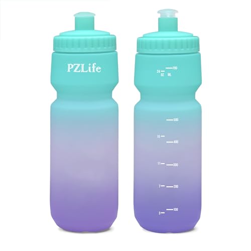 Bike Water Bottle, Squeeze Water Bottle Leakproof BPA Free 24oz | with Capacity Scale w/Pull Top Lid, Reusable, for Bicycle, Gym,Camping, Hiking - color: Green pink