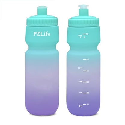 Bike Water Bottle, Squeeze Water Bottle Leakproof BPA Free 24oz | with Capacity Scale w/Pull Top Lid, Reusable, for Bicycle, Gym,Camping, Hiking - color: Green pink