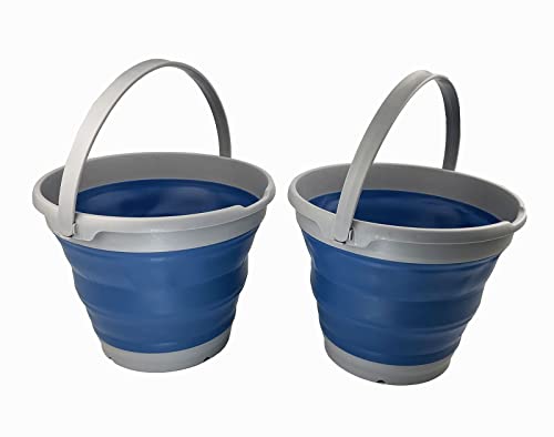 SAMMART 10L (2.6 gallons) Collapsible Plastic Bucket - Foldable Round Tub with Handle- Portable Fishing Bucket/Water Pail - Pop Up Saving (Grey/Mist Blue (Set of 2)) - color: Grey/Mist Blue (Set of 2)