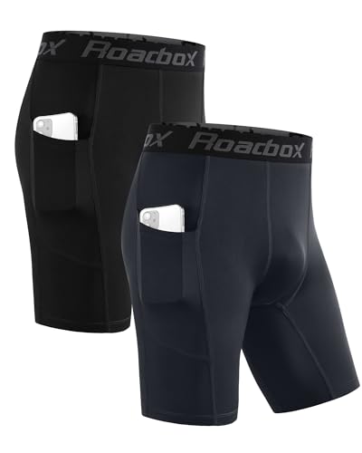 Roadbox Compression Shorts Men with Pocket, 1/2 Pack Quick Dry Spandex Running Athletic Workout Perfoemance Underwear - color: 2 Pack: Black, Space Ash, size: X-Large