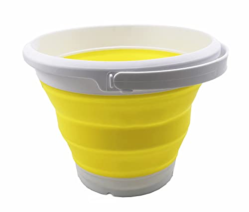 SAMMART 5.5L (1.4 Gallon) Collapsible Plastic Bucket - Foldable Round Tub - Portable Fishing Water Pail - Space Saving Outdoor Waterpot (White/Lemon)