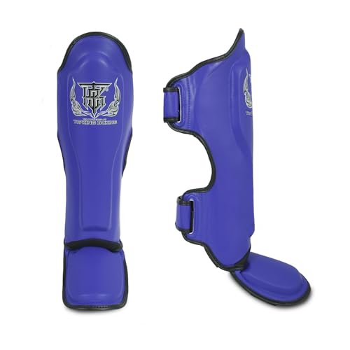 Top King New Pro Leather Shin Guards for Muay Thai - color: Blue-Black, size: Large