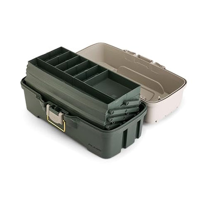 Plano Three-Tray Tackle Box Bass Kit, Tan/Green, Rust-Proof Brass Latch, Top-Access Tray Compartments with Deep Storage, Made in the USA, Portable Fishing Gear Storage Organizer - style: Bass