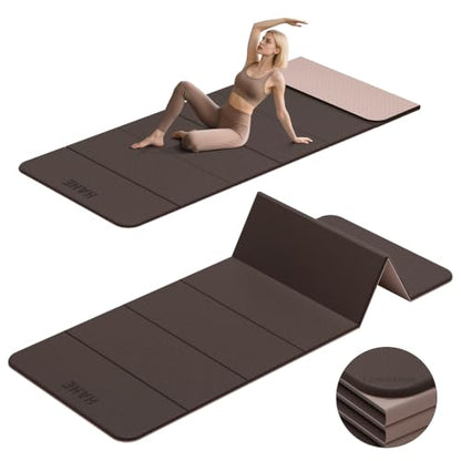 HAHE 7-Fold Design Extra Thick Yoga Mat 72"L x 24"W x 0.47", TPE | Fitness Exercise Mats, Non-Slip Foldable Yoga Mat, High Density, Portable for Men & Women, Yoga, Pilates, Home Gym - color: Brown & Beige