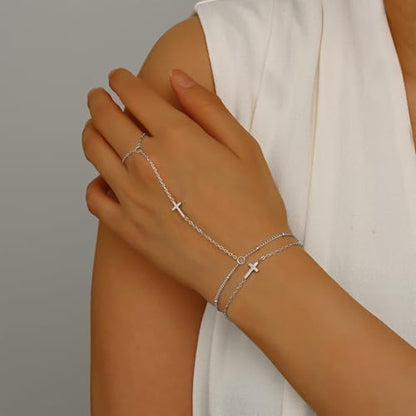 18K Gold Plated Small Cross Bracelet for Women | Tiny Cute Cross Bracelets | Beaded Bracelet | Hip Hop Knot | Hand Chain Bracelets | Gold Jewelry Gifts for Women - color: 2 Cross Hand Chain Silver