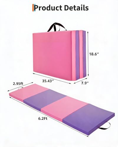 Garvee Gymnastics Mat, 6.2Ft 2-Inch Thick 4-Fold | Exercise Floor Mat for Home Gym, Portable Yoga Mat for Pilates, Aerobics, Martial Arts & Training - size: 6.2x2 Ft-2"-Pink-Purple