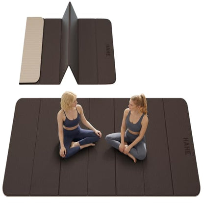 HAHE Extra Wide Folding Exercise Mat 75"x40"x0.4" TPE Fitness Mat | High Density Foldable Yoga Mat, Non-Slip Yoga Mat for Home Gym, Strength Training, Travel, 7-Fold Portable for Women, Men - color: Milk Coffee & Brown