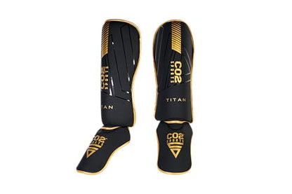 Titan Shin Guards, Padded Kickboxing Leg Guards with Instep Protection, Black/Gold, MMA Training Equipment