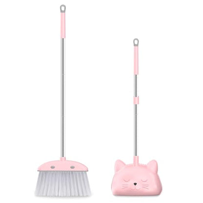 Mini Broom with Dustpan for Kids, 28-in Handle Kids Broom and Dustpan Set for Toddlers Cat-Shaped Children Cleaning Set Boys Girls Small Housekeeping Helper Set, Pink